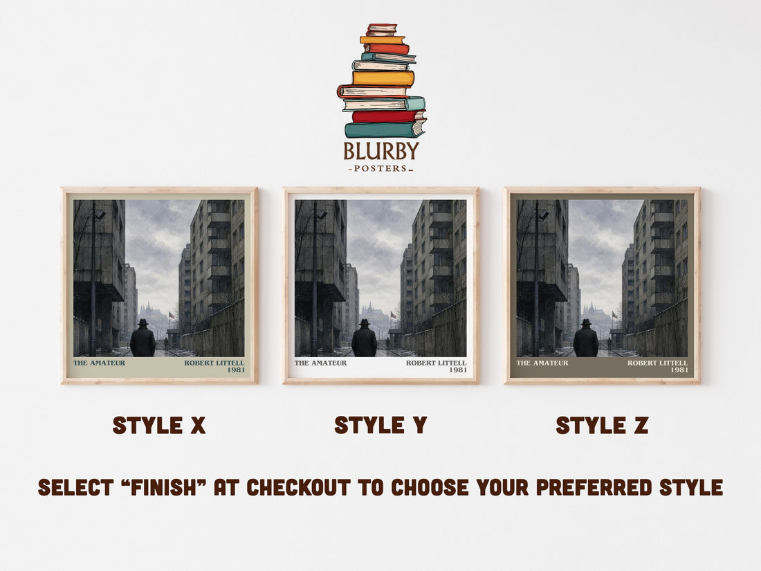 The Amateur literary print in frame leaning in hallway – thriller wall art (mockup)