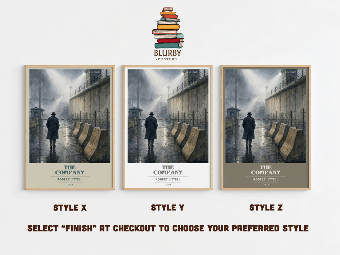 The Company book cover print in frame leaning in hallway – thriller wall art (mockup)