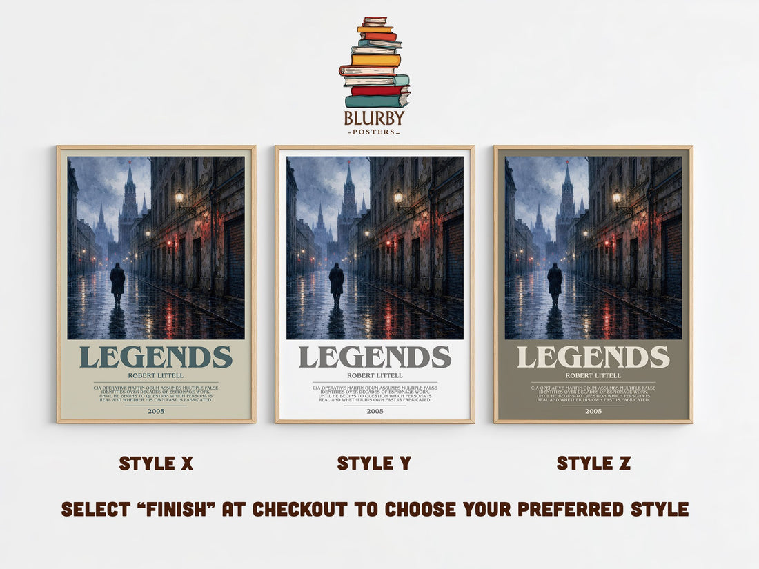 Legends bookish print in frame leaning in hallway – thriller wall art (mockup)