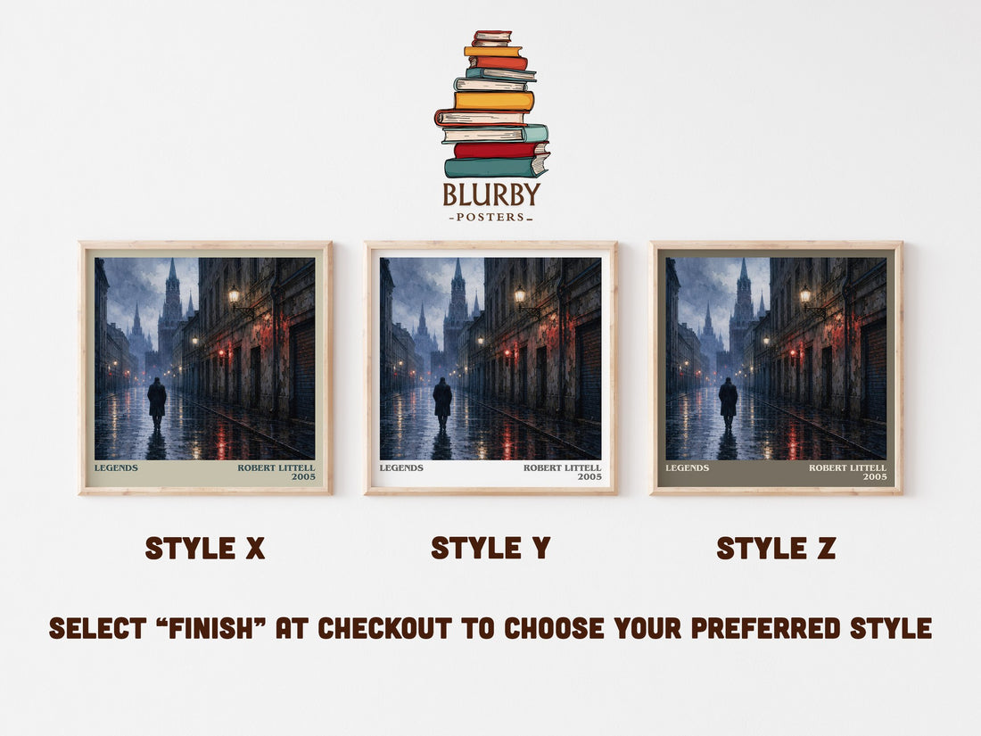 Legends literary print in frame leaning in hallway – thriller wall art (mockup)