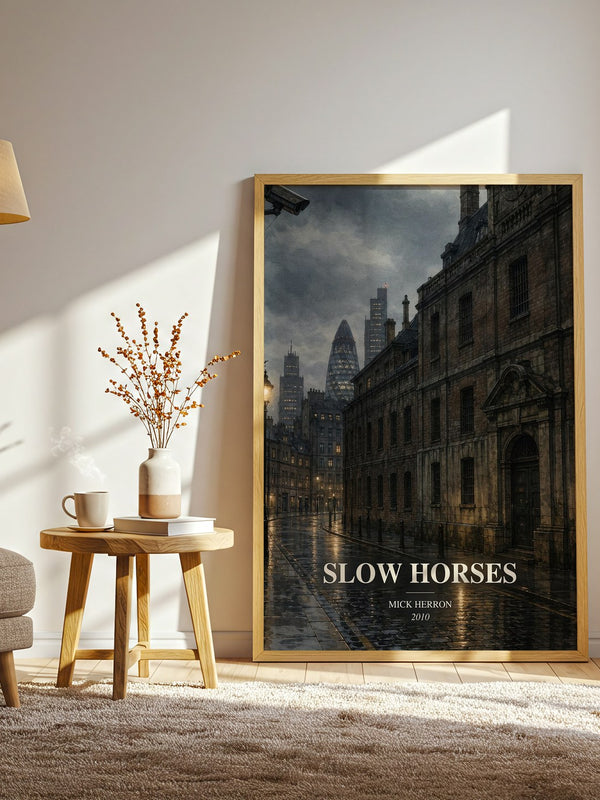 Slow Horses watercolour print in frame leaning in hallway – thriller wall art