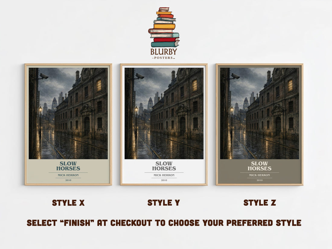 Slow Horses book cover print in frame leaning in hallway – thriller wall art (mockup)