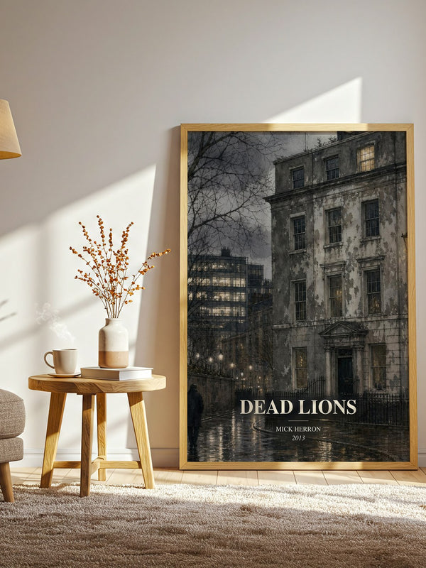 Dead Lions watercolour print in frame leaning in hallway – thriller wall art