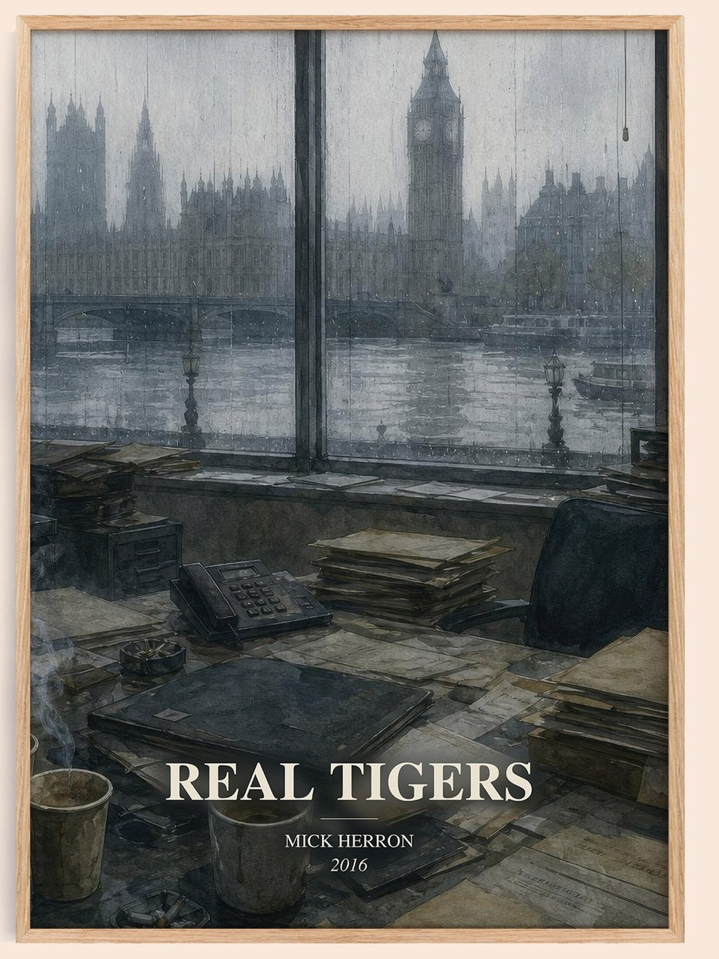 Real Tigers watercolour book poster by Mick Herron – framed literary art print