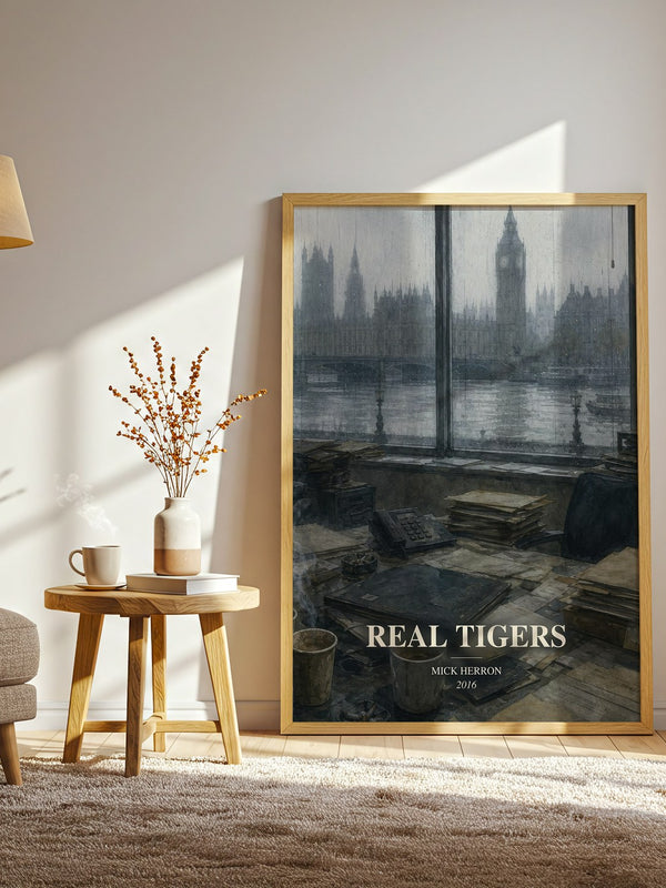 Real Tigers watercolour print in frame leaning in hallway – thriller wall art