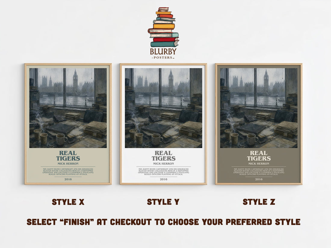 Real Tigers bookish print in frame leaning in hallway – thriller wall art (mockup)