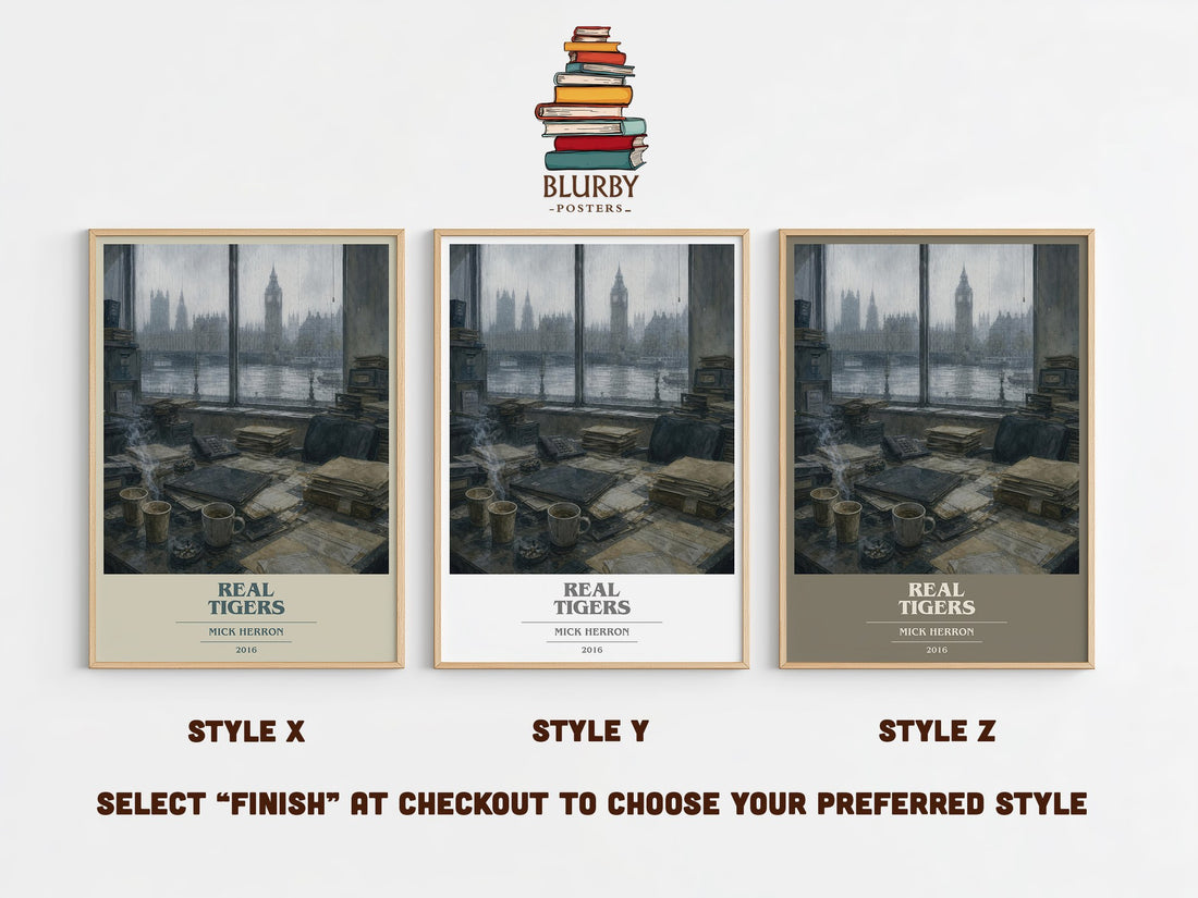 Real Tigers book cover print in frame leaning in hallway – thriller wall art (mockup)