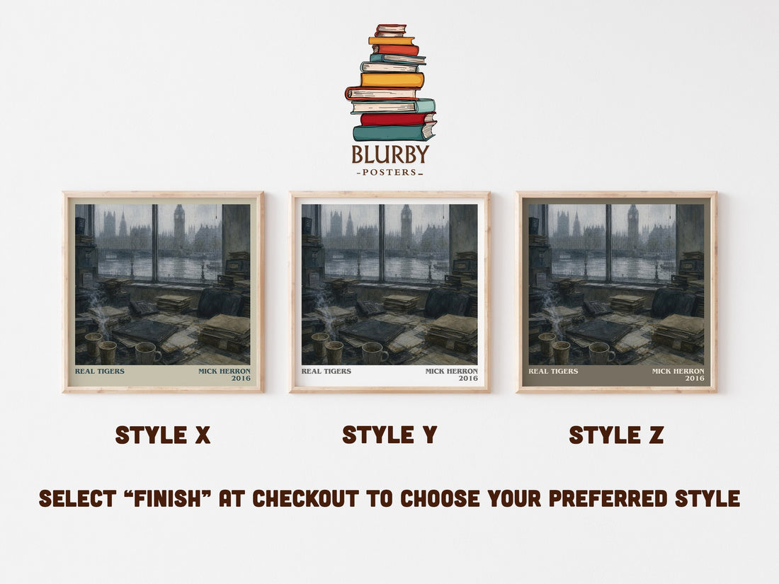 Real Tigers literary print in frame leaning in hallway – thriller wall art (mockup)