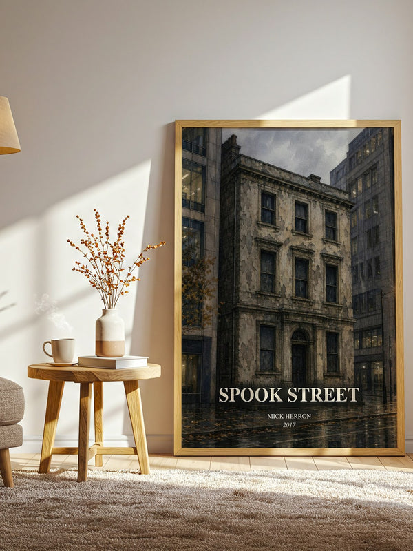 Spook Street watercolour print in frame leaning in hallway – thriller wall art