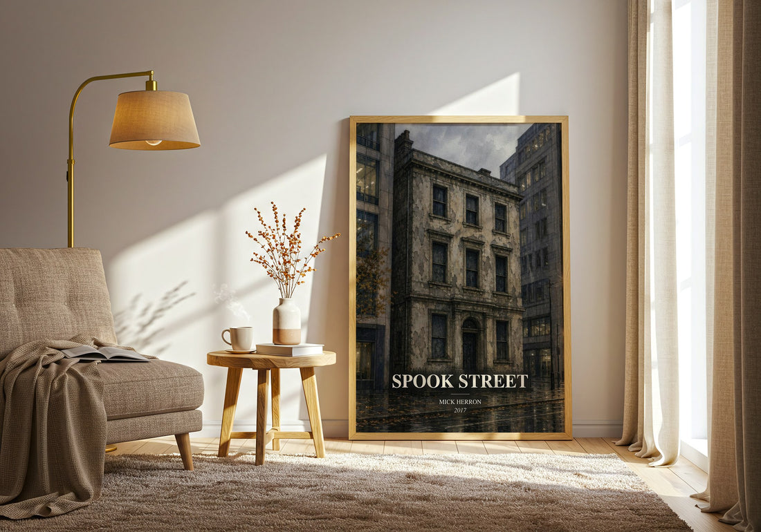 Spook Street watercolour print in frame leaning in hallway – thriller wall art (mockup)