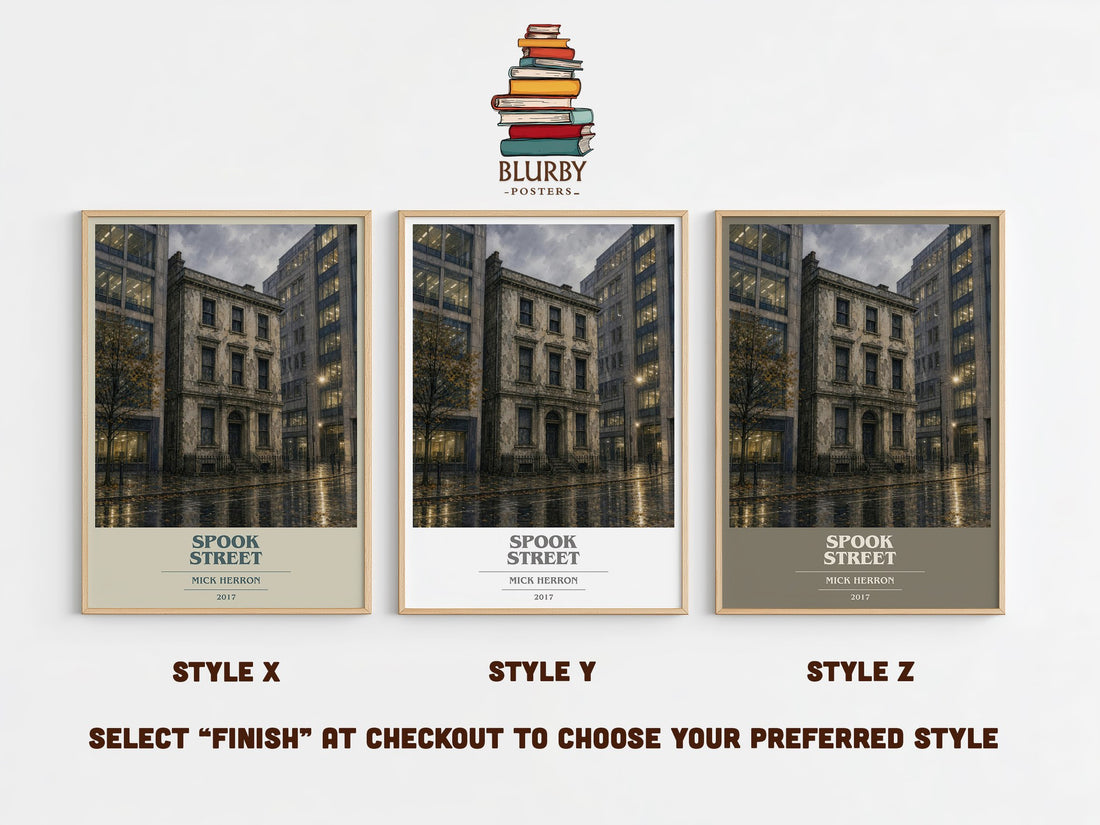 Spook Street book cover print in frame leaning in hallway – thriller wall art (mockup)