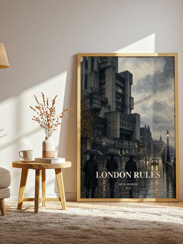 London Rules watercolour print in frame leaning in hallway – thriller wall art