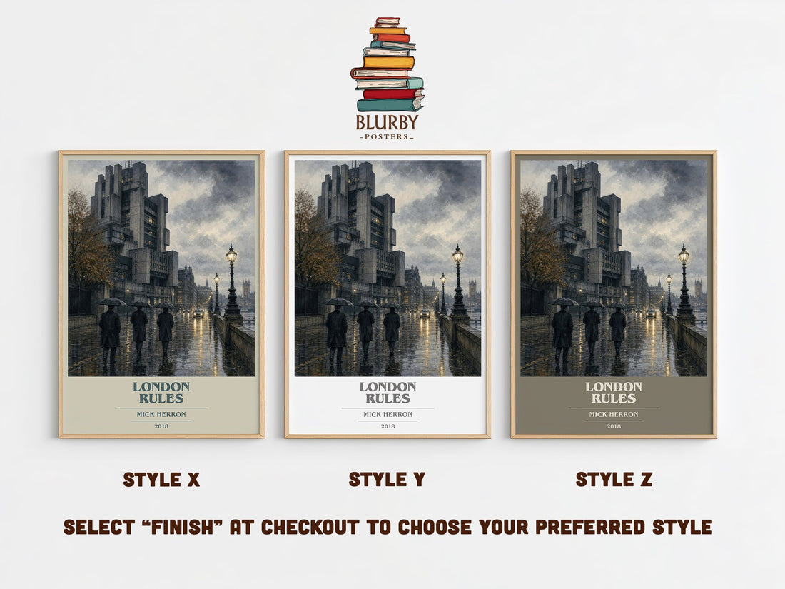 London Rules book cover print in frame leaning in hallway – thriller wall art (mockup)