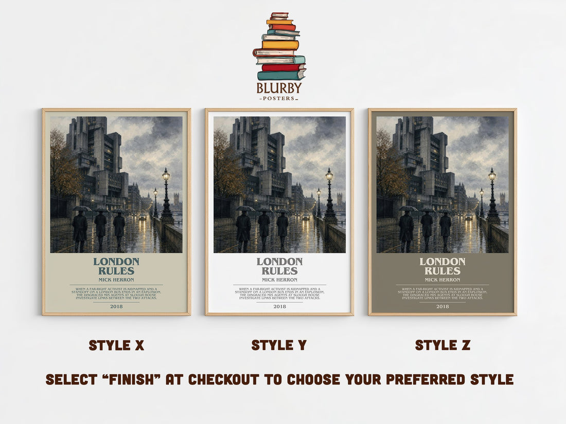 London Rules bookish print in frame leaning in hallway – thriller wall art (mockup)