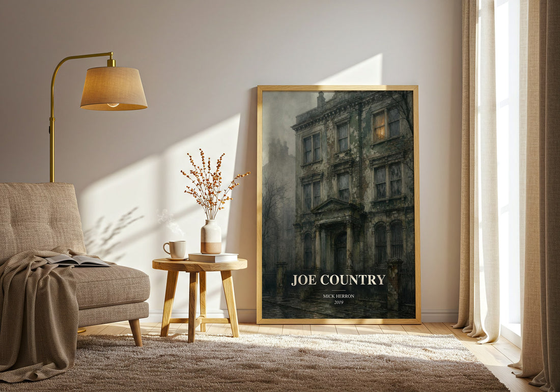 Joe Country watercolour print in frame leaning in hallway – thriller wall art (mockup)