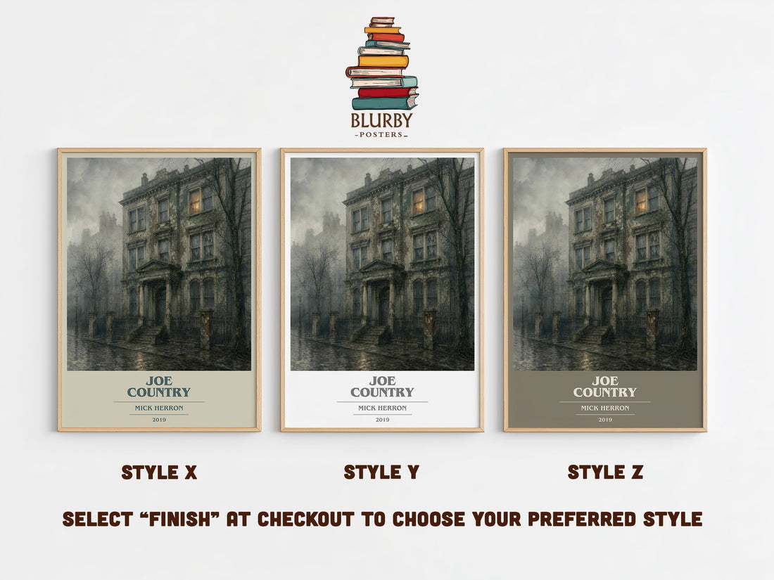 Joe Country book cover print in frame leaning in hallway – thriller wall art (mockup)