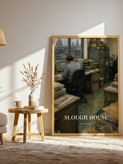Slough House watercolour print in frame leaning in hallway – thriller wall art