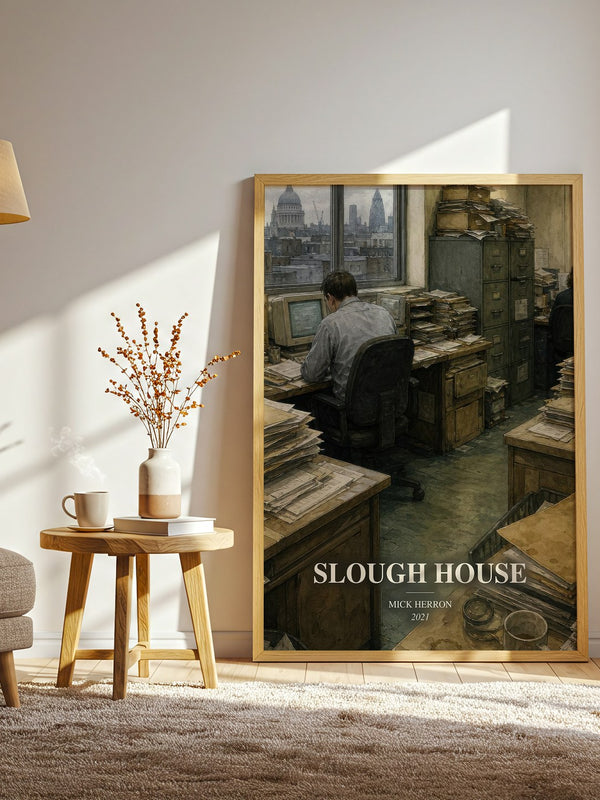 Slough House watercolour print in frame leaning in hallway – thriller wall art