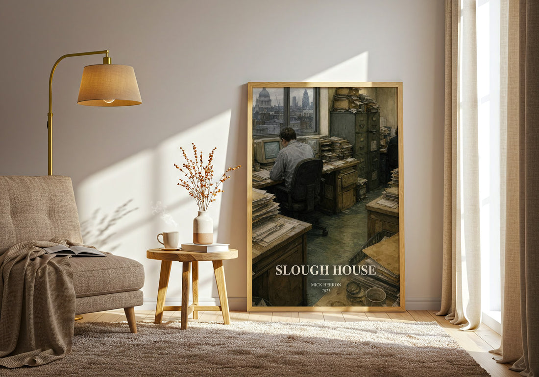Slough House watercolour print in frame leaning in hallway – thriller wall art (mockup)