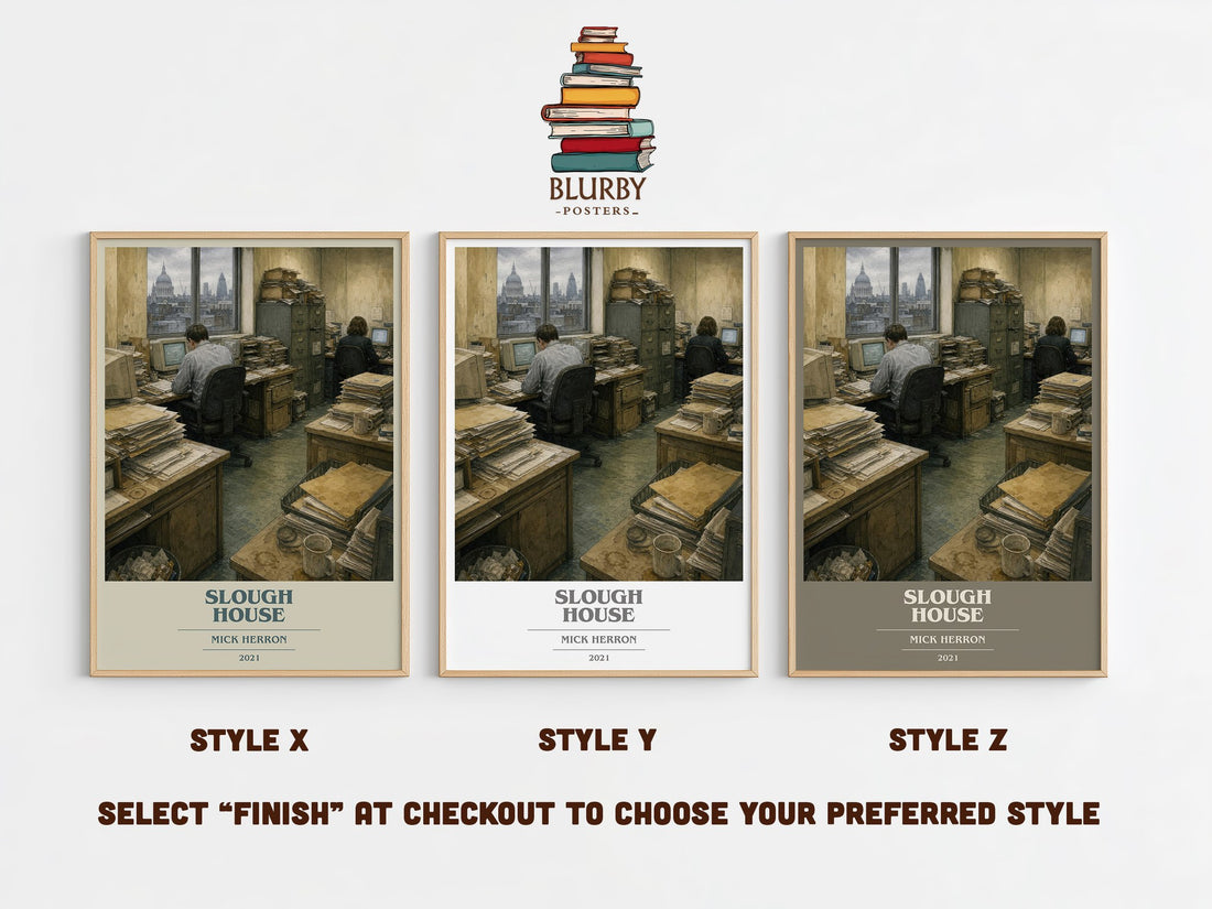 Slough House book cover print in frame leaning in hallway – thriller wall art (mockup)