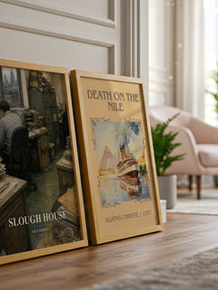 Slough House watercolour print framed by window – literary home decor