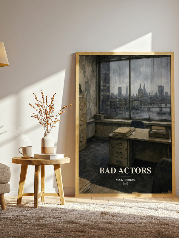 Bad Actors watercolour print in frame leaning in hallway – thriller wall art