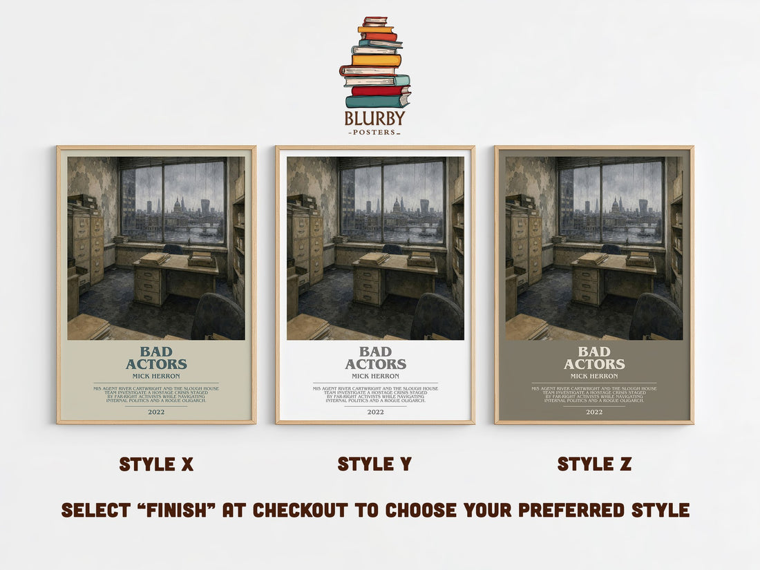 Bad Actors bookish print in frame leaning in hallway – thriller wall art (mockup)