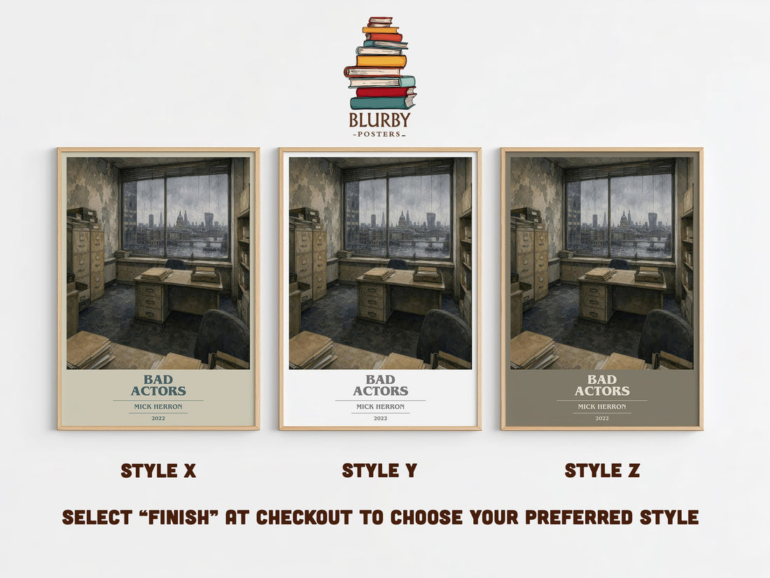 Bad Actors book cover print in frame leaning in hallway – thriller wall art (mockup)