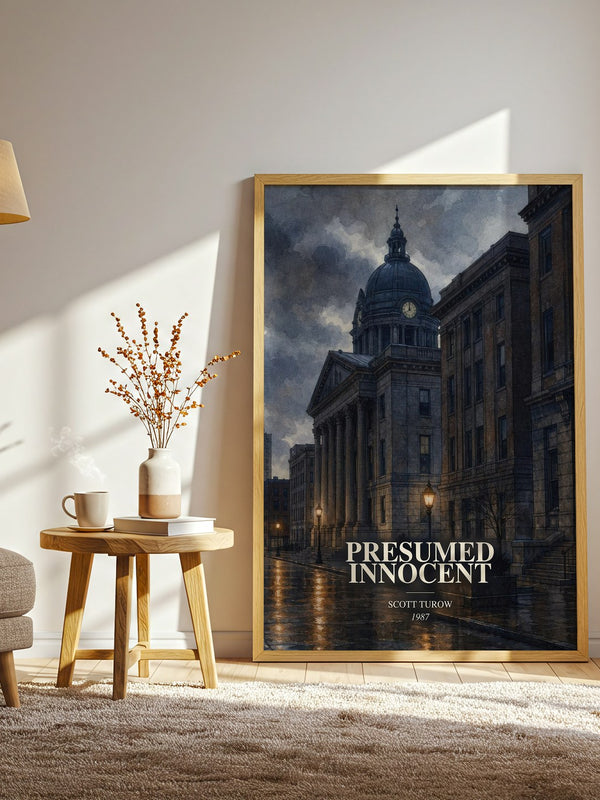 Presumed Innocent watercolour print in frame leaning in hallway – legal thriller wall art