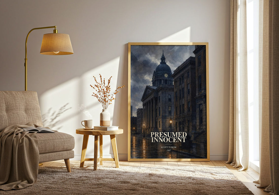 Presumed Innocent watercolour print in frame leaning in hallway – legal thriller wall art (mockup)
