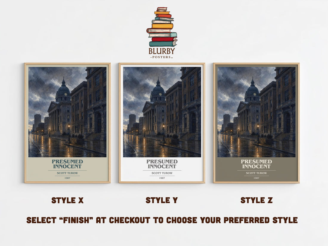 Presumed Innocent book cover print in frame leaning in hallway – legal thriller wall art (mockup)