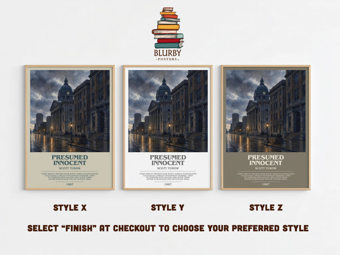 Presumed Innocent bookish print in frame leaning in hallway – legal thriller wall art (mockup)