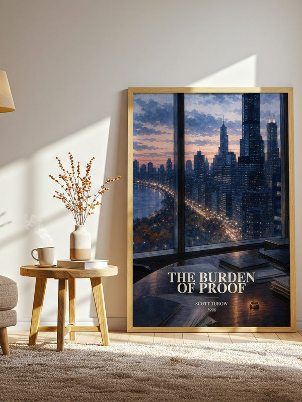 The Burden of Proof watercolour print in frame leaning in hallway – legal thriller wall art