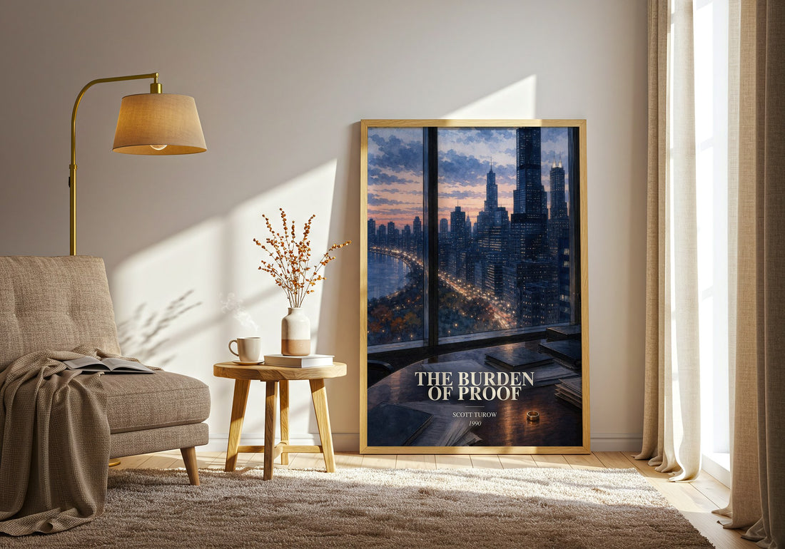 The Burden of Proof watercolour print in frame leaning in hallway – legal thriller wall art (mockup)