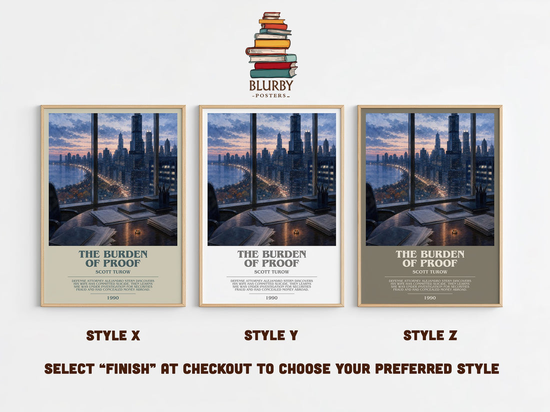 The Burden of Proof bookish print in frame leaning in hallway – legal thriller wall art (mockup)