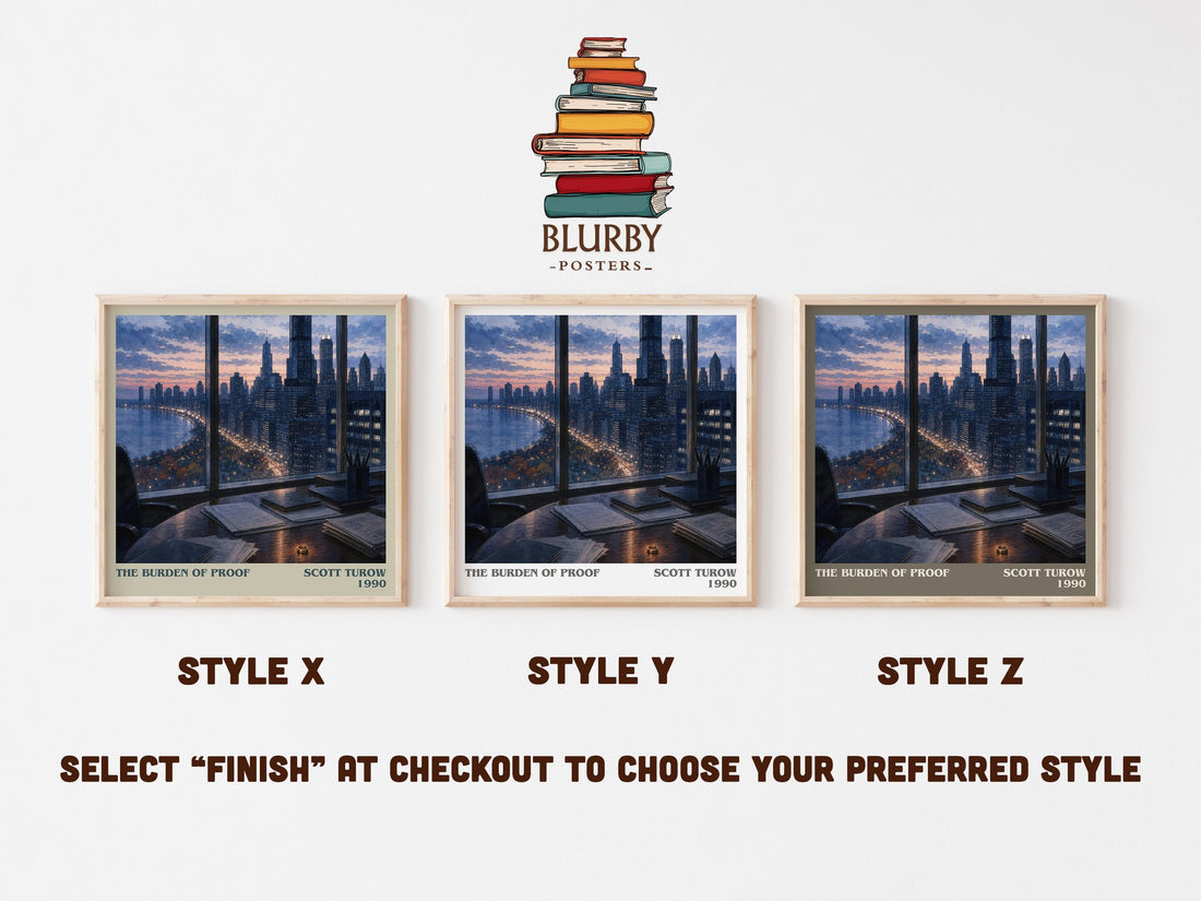 The Burden of Proof literary print in frame leaning in hallway – legal thriller wall art (mockup)
