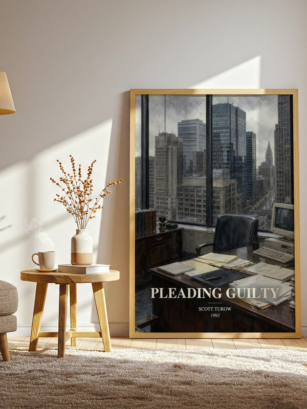 Pleading Guilty watercolour print in frame leaning in hallway – legal thriller wall art