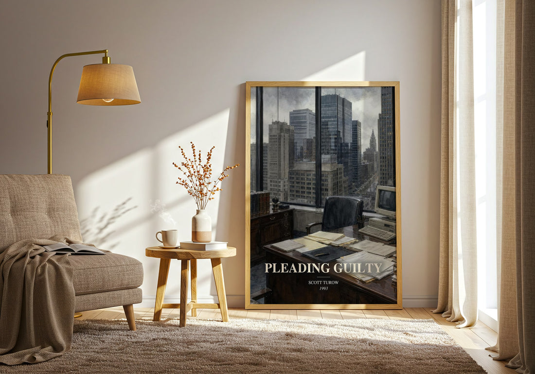 Pleading Guilty watercolour print in frame leaning in hallway – legal thriller wall art (mockup)