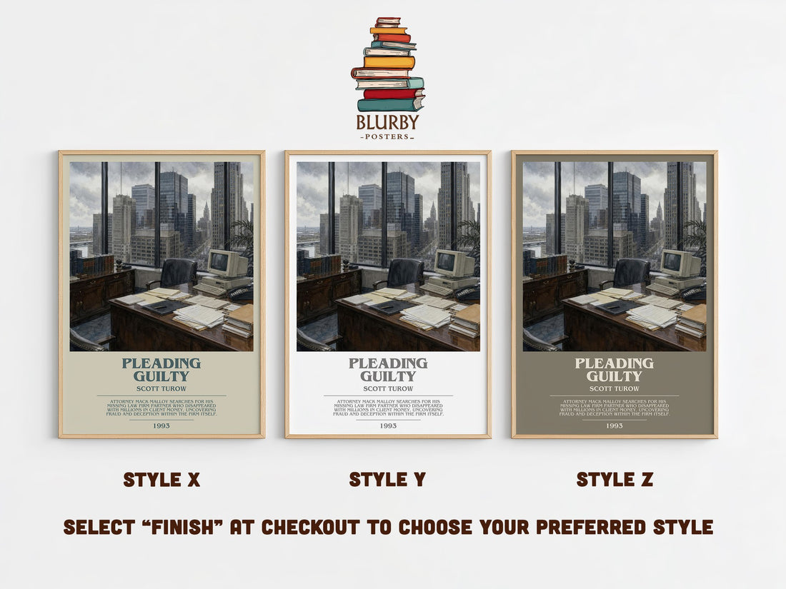 Pleading Guilty bookish print in frame leaning in hallway – legal thriller wall art (mockup)