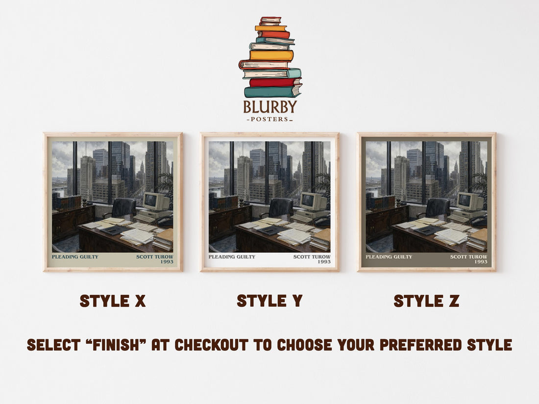 Pleading Guilty literary print in frame leaning in hallway – legal thriller wall art (mockup)
