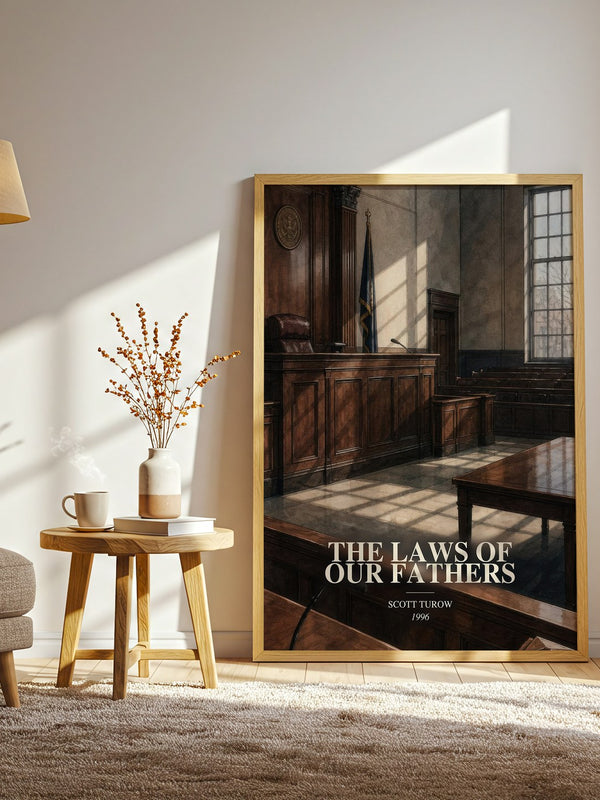 The Laws of Our Fathers watercolour print in frame leaning in hallway – legal thriller wall art