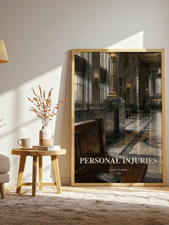 Personal Injuries watercolour print in frame leaning in hallway – legal thriller wall art