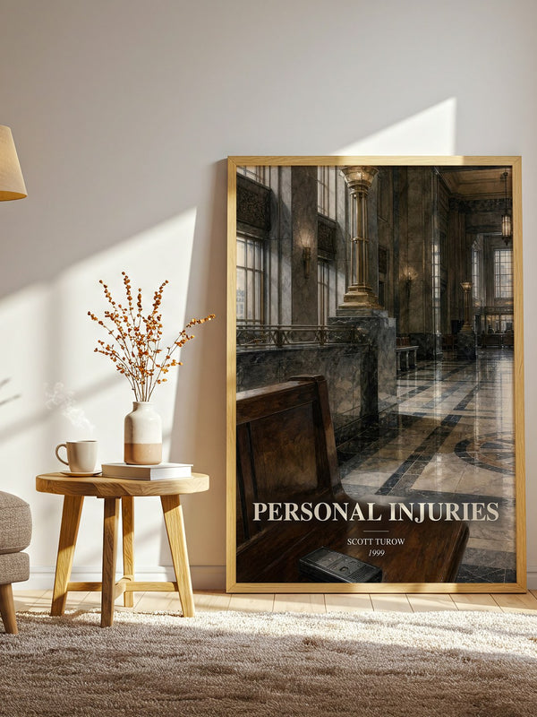 Personal Injuries watercolour print in frame leaning in hallway – legal thriller wall art