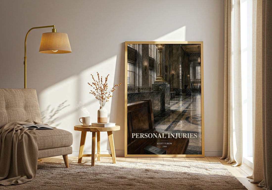 Personal Injuries watercolour print in frame leaning in hallway – legal thriller wall art (mockup)