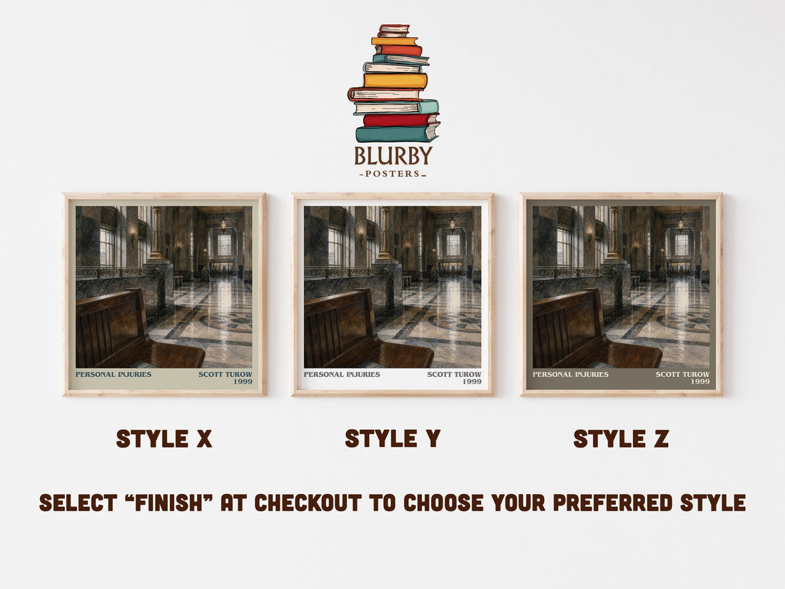 Personal Injuries literary print in frame leaning in hallway – legal thriller wall art (mockup)
