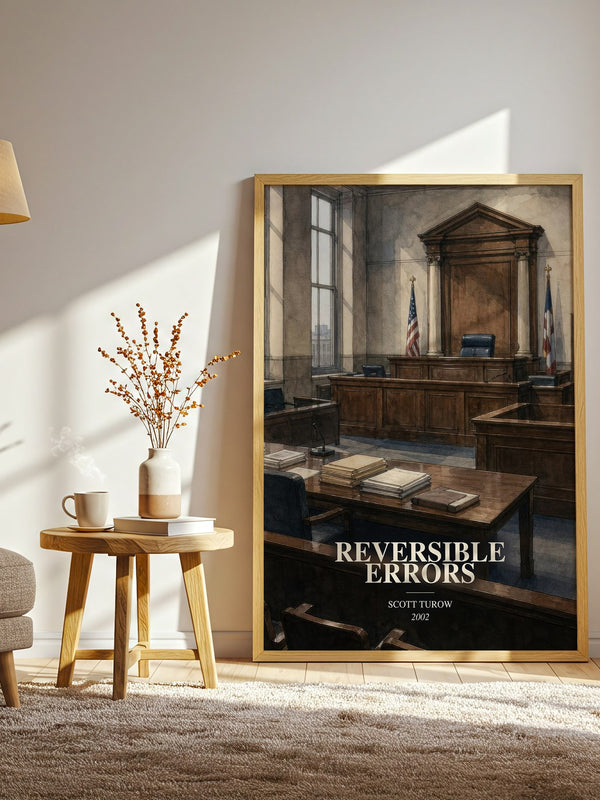 Reversible Errors watercolour print in frame leaning in hallway – legal thriller wall art