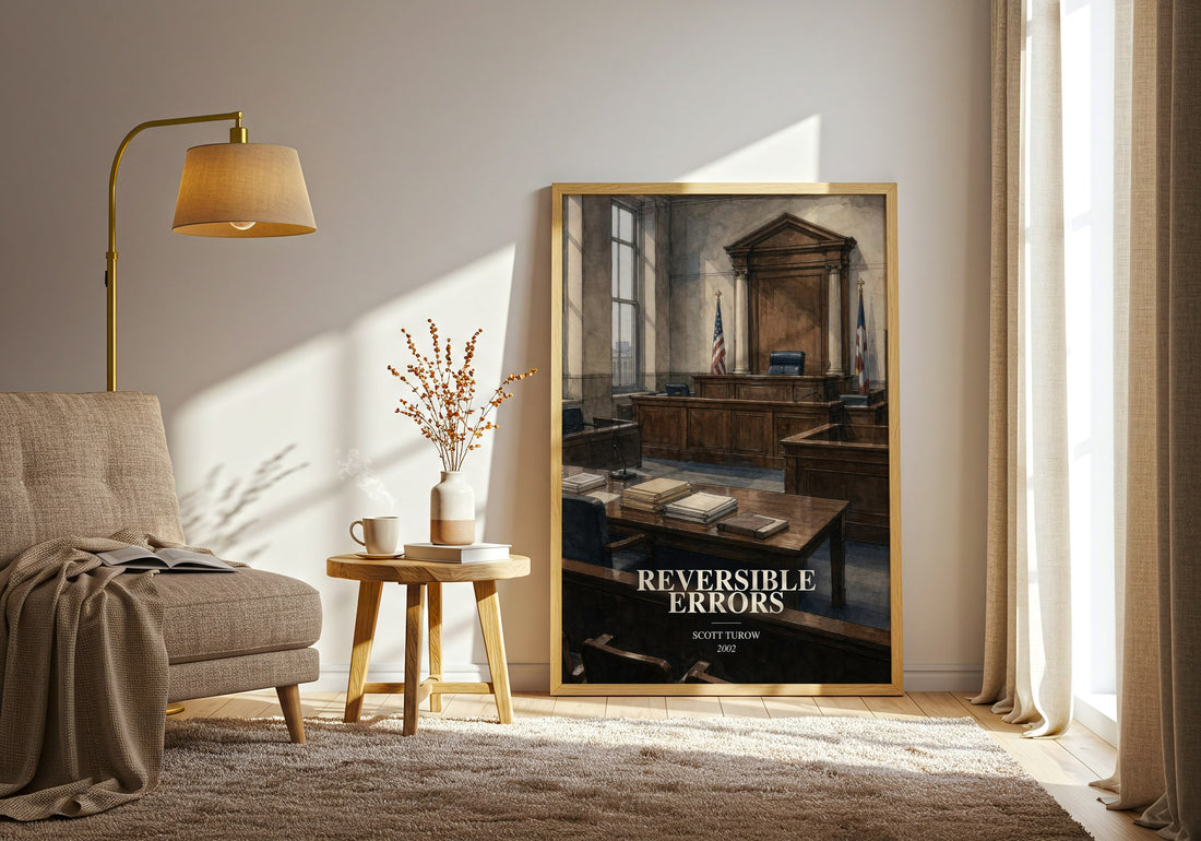 Reversible Errors watercolour print in frame leaning in hallway – legal thriller wall art (mockup)