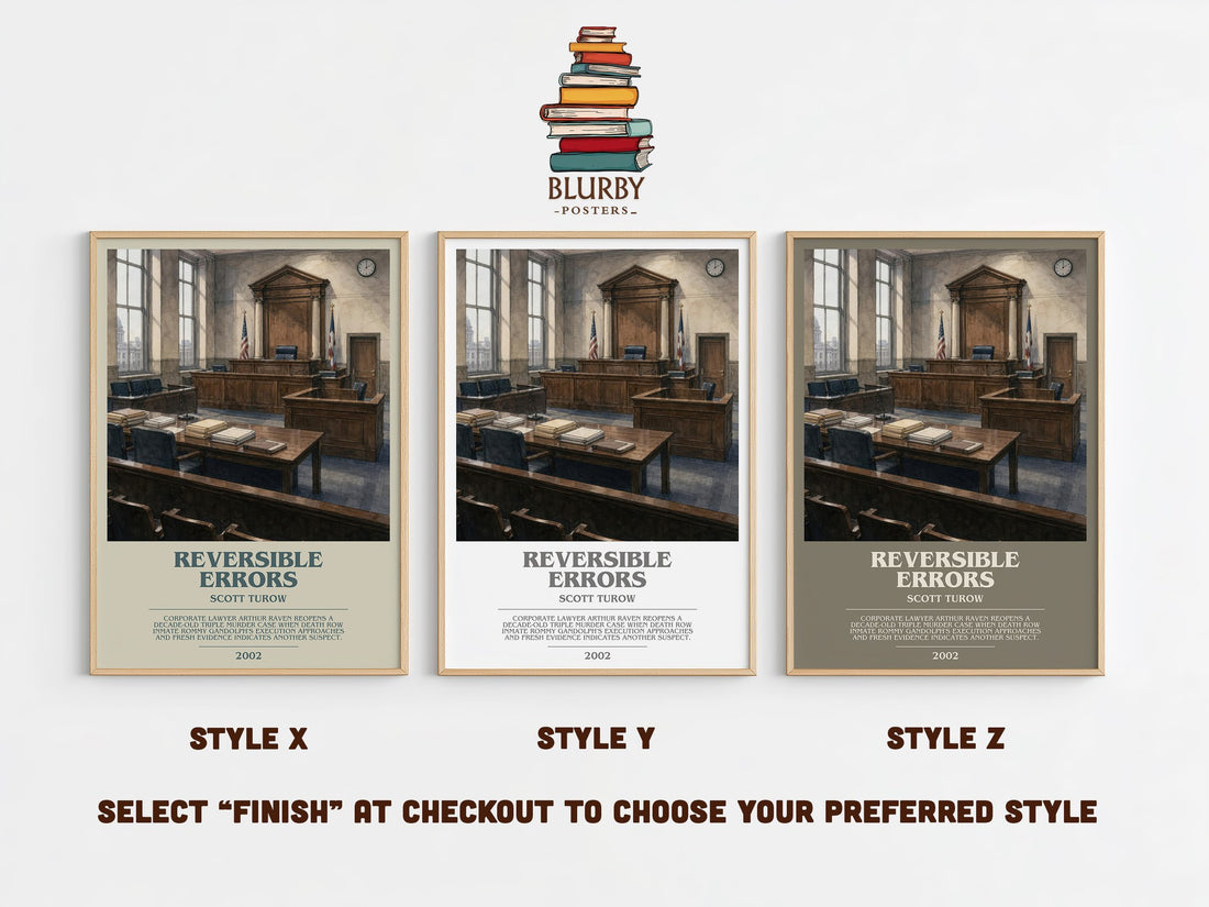 Reversible Errors bookish print in frame leaning in hallway – legal thriller wall art (mockup)