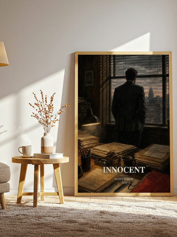 Innocent watercolour print in frame leaning in hallway – legal thriller wall art