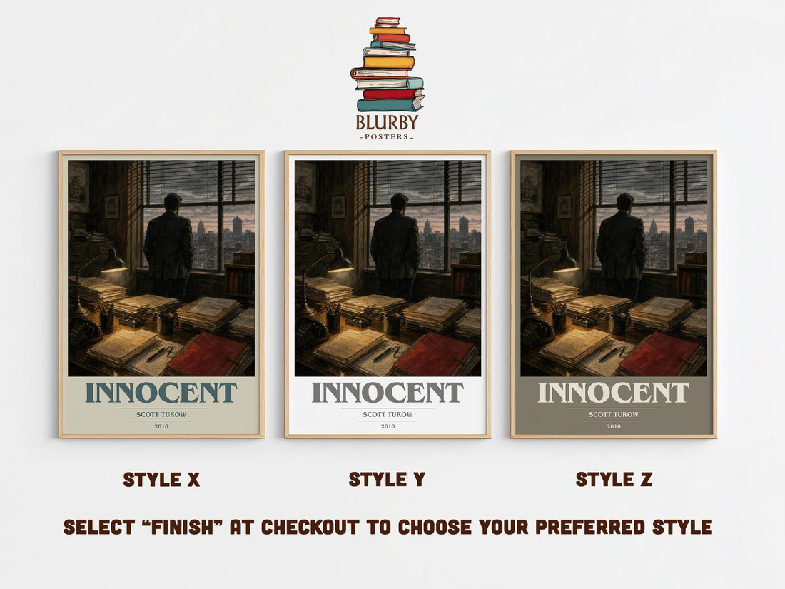 Innocent book cover print in frame leaning in hallway – legal thriller wall art (mockup)
